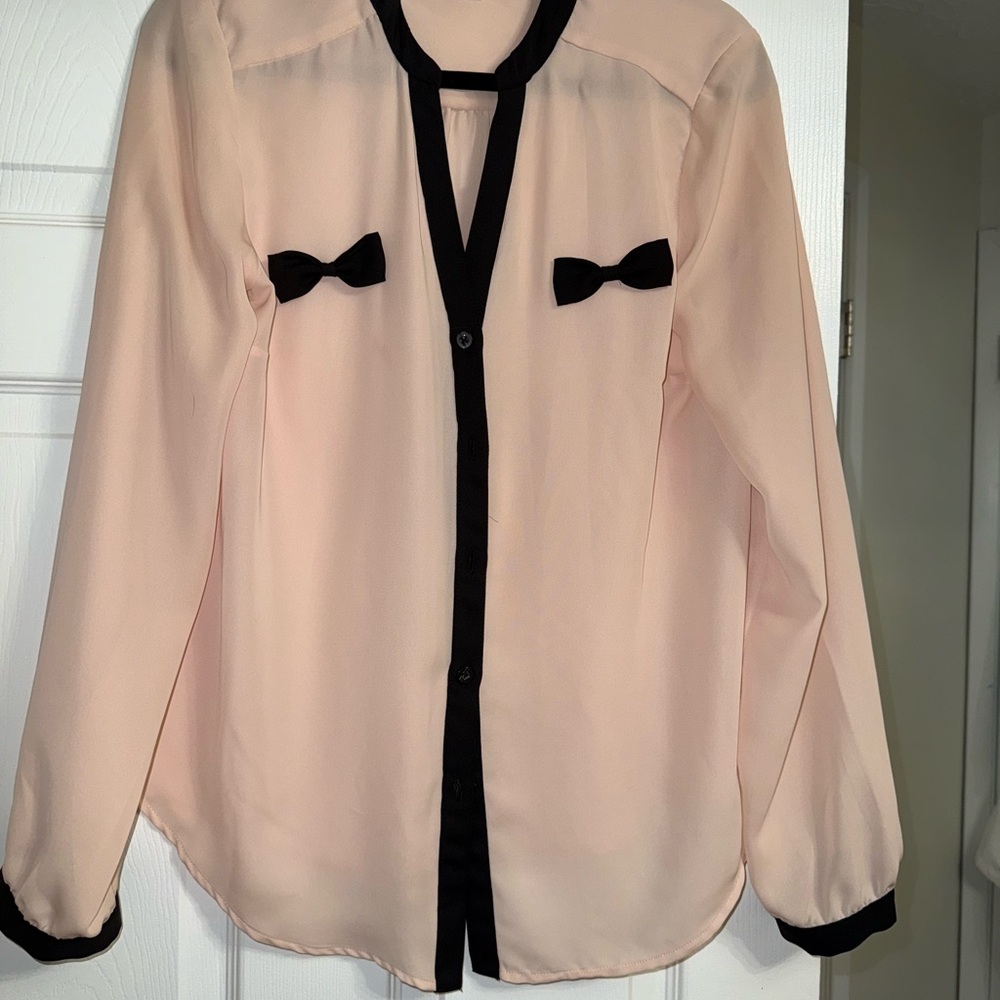 Elegant Women's blush Blouse with Black bow Accents